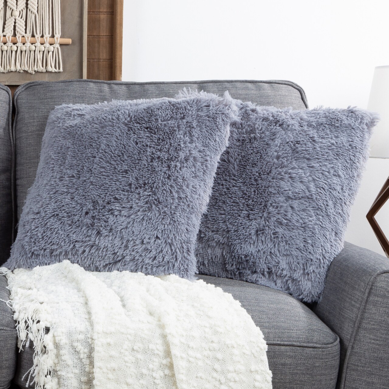 Gray Plush Accent Pillows Set Of 2 18 Inch Square Shag Covers Comfortable